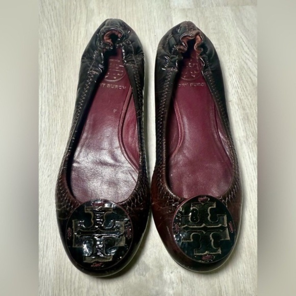 Tory Burch Women Brown Patent Leather Ballet Flats Shoes Size 7